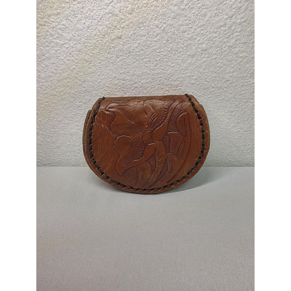 Vintage Hand-Tooled Leather Coin Purse, Floral Western Change Pouch, Brown Boho